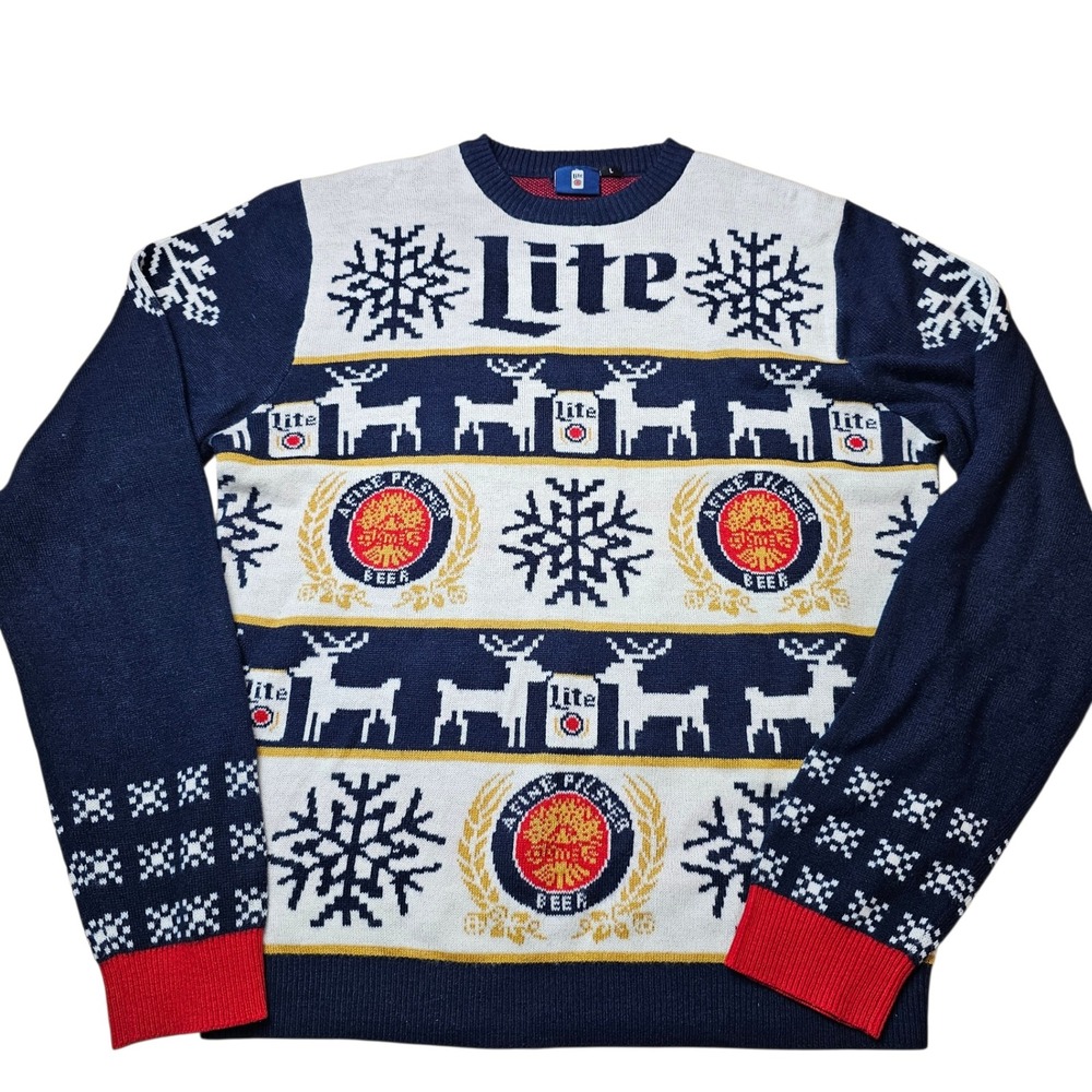 Miller Lite Beer Ugly Christmas Sweater Mens Large Navy Blue Reindeer Knit